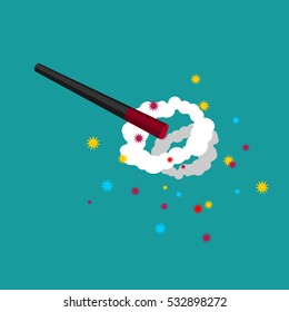 Magic wand and magical explosion. White Cloudy with stars. Magic trick isolated
