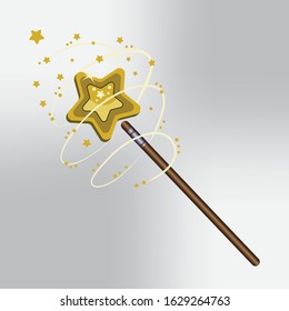 Magic wand with magical glod sparkle trail on gray background. Vector illustration