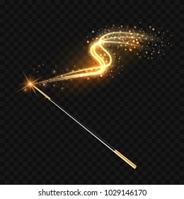Magic wand with magical gold sparkle trail on transparent background. Vector illustration