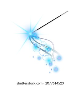 Magic wand with magical light blue sparkle trail on white background. Vector illustration