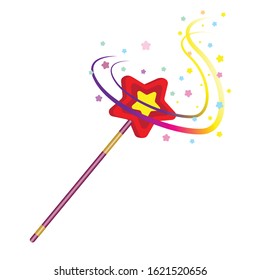 Magic wand with magical rainbow sparkle trail on white background. Vector illustration