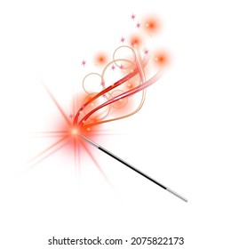 Magic wand with magical red sparkle trail on white background. Vector illustration