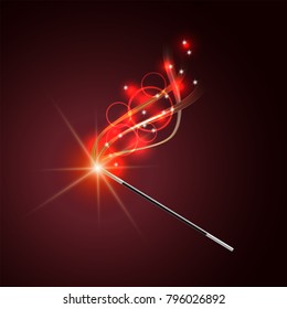 Magic wand with magical red sparkle trail on dark red background. Vector illustration