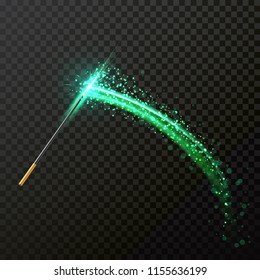 Magic wand with magical sparkle glitter light trail trace. Vector green spatter glittering and sparkling on transparent background. Magic fairy gesture spell wave