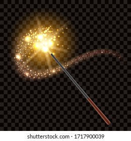 Magic wand with magical sparkle glitter trail. Isolated on transparent background. Vector illustration
