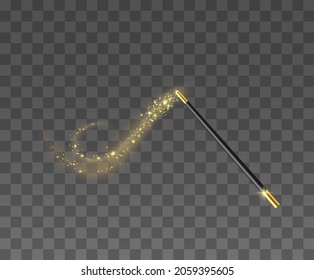 Magic Wand With Magical Sparkle Glitter Trail Isolated On Transparent Background. Wizard Stick With Fairy Miracle Light. Realistic 3d Vector Illustration