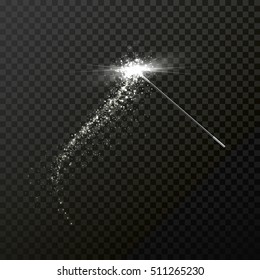 Magic wand with magical sparkle glitter trail. Vector spelling wand on transparent background.