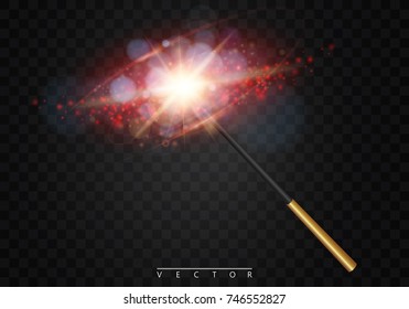Magic wand with magical sparkle glitter trail. Isolated on transparent background. Vector illustration Eps 10.