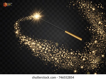 Magic wand with magical sparkle glitter trail. Isolated on transparent background. Vector illustration Eps 10.