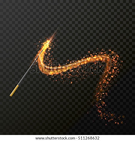 Magic wand with magical sparkle glitter trail. Vector spelling wand on transparent background.