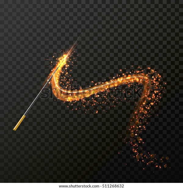 Magic wand with magical sparkle
glitter trail. Vector spelling wand on transparent
background.