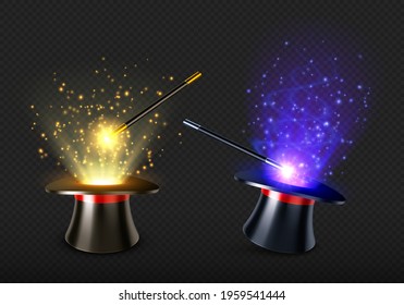 Magic wand and magician hat with spell light and sparkles. Illusionist black cylinder with mystery glow and stick for miracles. Vector realistic set of 3d high cap with red ribbon and wizard wand