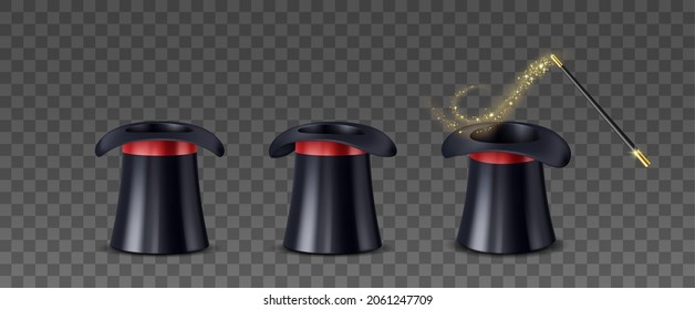 Zauberstab und Zauberhut mit Zauberlicht und Funkeln. Illusionist schwarzer Zylinder mit geheimnisvollem Glühen und Stick für Wunder. 3D-Vektorgrafik