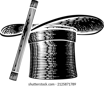 A magic wand and magician top hat drawing in a vintage retro woodcut etching style.
