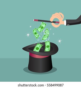 Magic wand and money in a hat - vector illustration