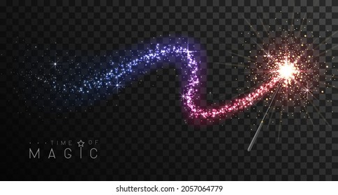 Magic wand with multicolor glowing shiny trail.  Isolated on black transparent background. Vector illustration