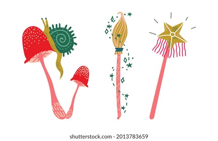 Magic Wand and Mushroom as Witchcraft Object for Spells and Performing Magical Rituals Vector Set