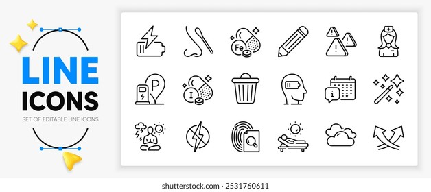 Magic wand, Nasal test and Iron line icons set for app include Lounger, Pencil, Intersection arrows outline thin icon. Charging station, Antistatic, Weariness pictogram icon. Vector