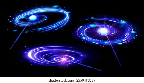 Magic wand neon portal effects with swirling blue and purple spirals. Mystical cosmic vortexes of glowing trails and sparkling starry elements. 3d vector fantasy or cosmic game interfaces design.