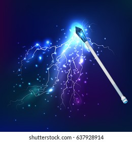 Magic wand in night sky realistic background with electric discharge and glowing effect vector illustration    