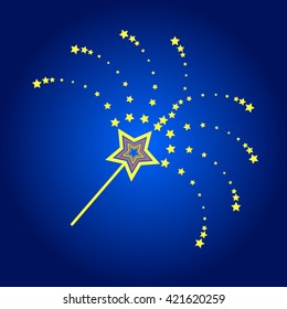 magic wand on blue background with diverging rays of the stars