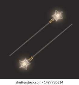 Magic wand on dark background, beautiful light effects with magical sparkle glittering texture, Vector EPS 10 format