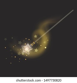 Magic wand on dark background, beautiful light effects with magical sparkle glittering texture, Vector EPS 10 format