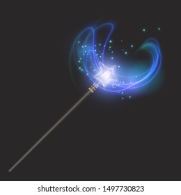 Magic wand on dark background, beautiful light effects with magical sparkle glittering texture, Vector EPS 10 format