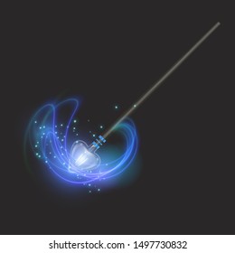 Magic wand on dark background, beautiful light effects with magical sparkle glittering texture, Vector EPS 10 format