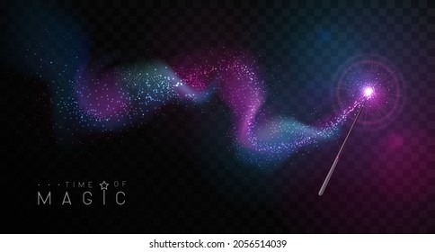 Magic wand with pink and blue glowing shiny trail.  Isolated on black transparent background. Vector illustration
