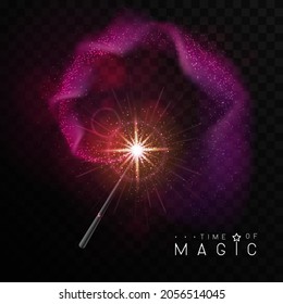 Magic wand with pink glowing shiny trail.  Isolated on black transparent background. Vector illustration
