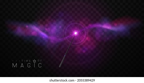 Magic wand with pink and violet glowing shiny trail.  Isolated on black transparent background. Vector illustration