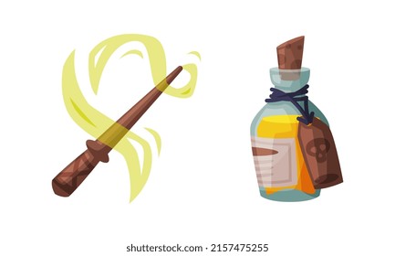 Magic wand and potion bottle. Witchcraft attributes, halloween objects cartoon vector illustration