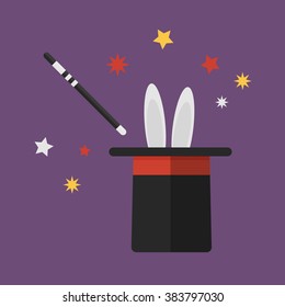 Magic Wand With Rabbit In Hat In Flat Design