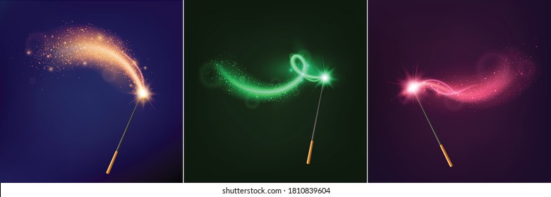 Magic wand realistic design concept consisting of three multicolored luminous wands on night sky backgrounds vector illustration