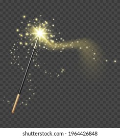 Magic wand. Realistic fairytale stick with golden sparkle trail. Fantasy glitter and shine star. Fairy wand and magical light vector concept. Magical miracle or wizard blessing with shiny dust