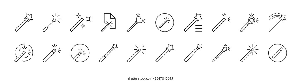 Magic Wand ícones de linha relacionados para sites, livros, cartões, aplicativos. Traço editável. Adequado para sites, livros, cartões, aplicativos