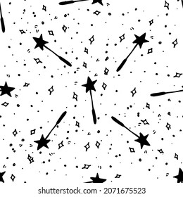 a magic wand with a seamless pattern. a hand-drawn fairy magic wand with a star at the end in the style of black doodles with sequins and dots chaotically on a white background. seamless textile 