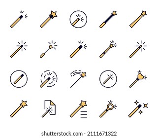 Magic wand set line icons in flat design with elements for web site design and mobile apps.  Collection modern infographic logo and symbol. Holidays vector line pictogram