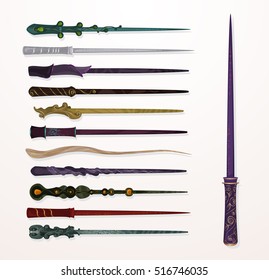 Magic wand set, magical objects collection, Isolated on white background. Hand drawn elements, Vector illustration. Wizard tool, Magic wands in various shapes.