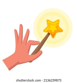 A Magic Wand In The Shape Of A Star In A Man Hand. Create Magic. Flat Vector Illustration.