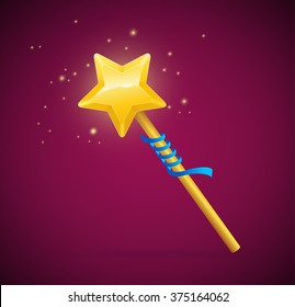 Varita mágica con estrella brillante y cinta azul. Ilustración del vector