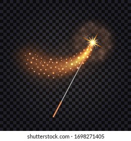 Magic wand with shiny fire trail , glowing star and sparkles. Transparency light effect, isolated object. Vector illustration