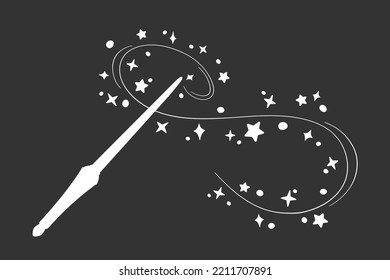 Magic wand silhouette in simple style, vector illustration. Shiny stick icon for print and design, hand drawn. Isolated elements on chalk background. Magician cast spell, fairy stars and sparkles