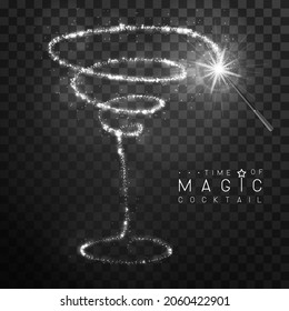 Magic wand with silver glowing shiny trail. Cosmopolitan cocktail silhouette isolated on black transparent background. Vector illustration