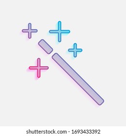 magic wand. simple silhouette. Colored logo with diagonal lines and blue-red gradient. Neon graphic, light effect