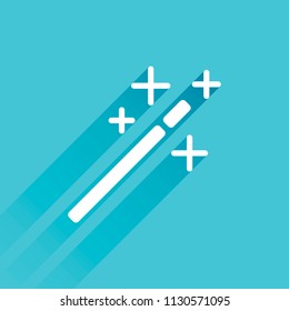 magic wand. simple silhouette. Gray icon with long shadow in bottom left corner on blue background