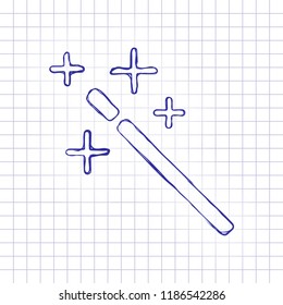 magic wand. simple silhouette. Hand drawn picture on paper sheet. Blue ink, outline sketch style. Doodle on checkered background