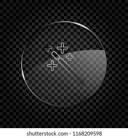 magic wand. simple silhouette. Icon in circle glass bubble on dark transparent grid. Glass style
