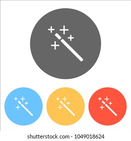 magic wand. simple silhouette. Set of white icons on colored cir